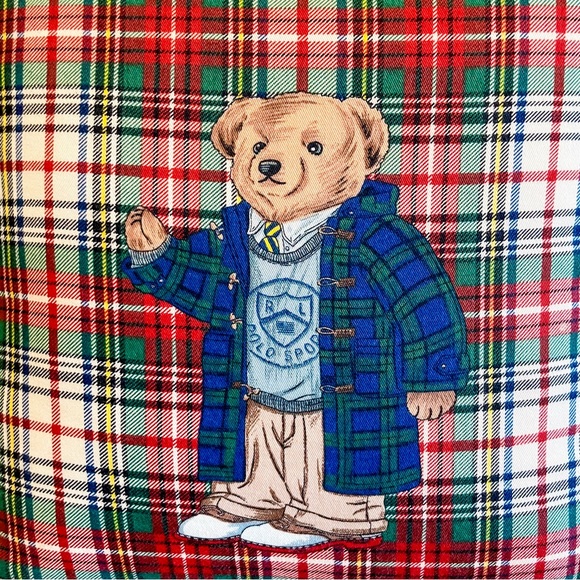 Ralph Lauren Polo Bear Pillow Red White Green Blue Plaid Size 18”x18” Preppy - Picture 2 of 3